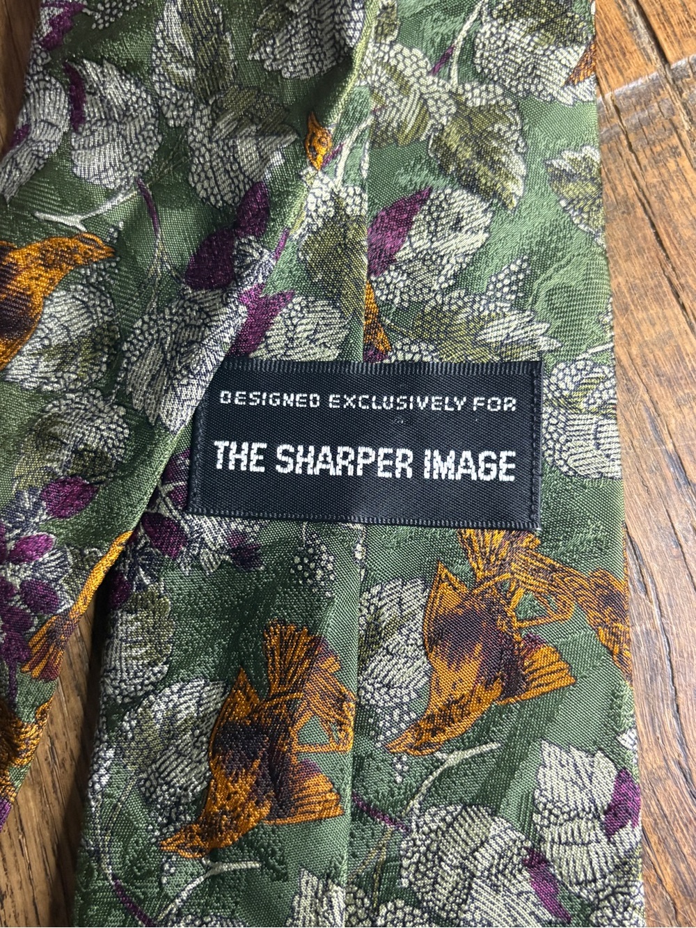 VTG Sharper Image Silk Tie Pheasant Game Bird Green Floral Wildlife Goblincore